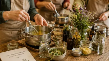People making herbal balm in a kitchen.