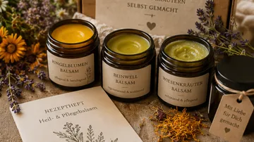 Jars of homemade herbal balms with labels.