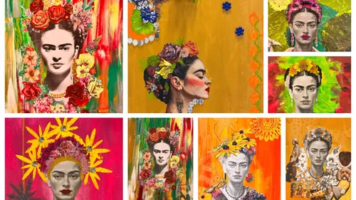Colorful portraits of women with floral headpieces.
