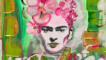 Portrait with floral headpiece, colorful background.