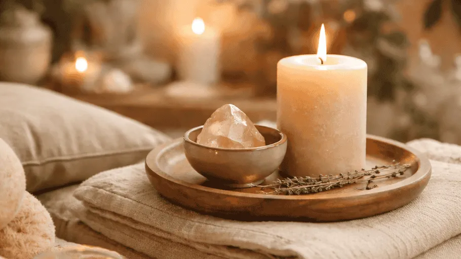 Candle and crystal on a wooden tray.