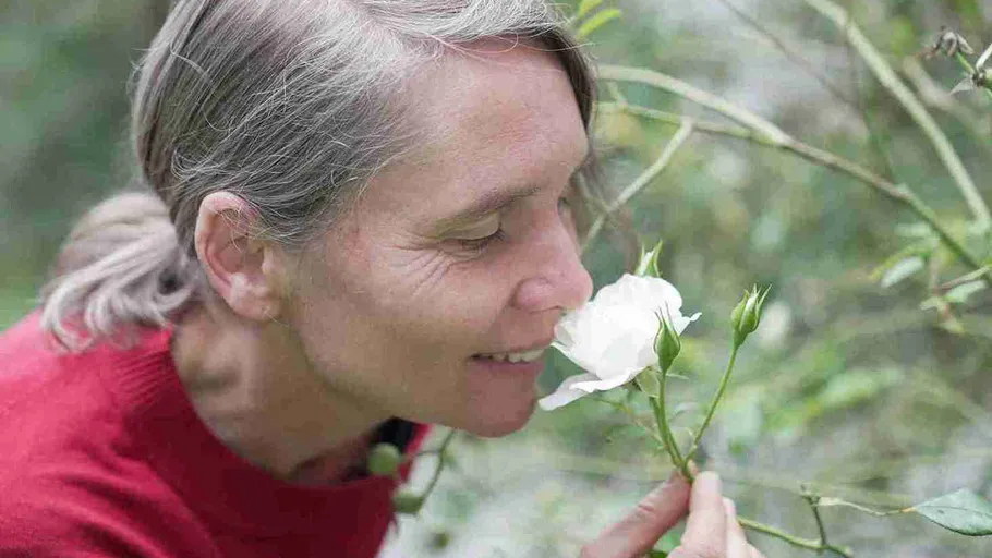 Woman smelling a white flower in nature.