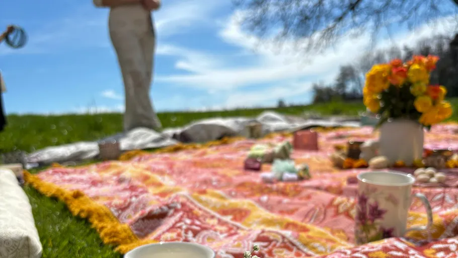 Picnic setup on grass with flowers, blanket.