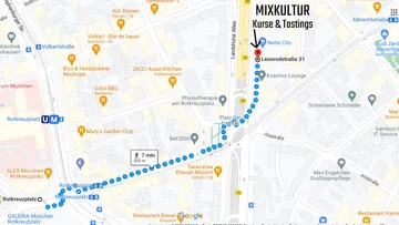 Karte mit Fußweg von Rotkreuzplatz zur Leonrodstraße.