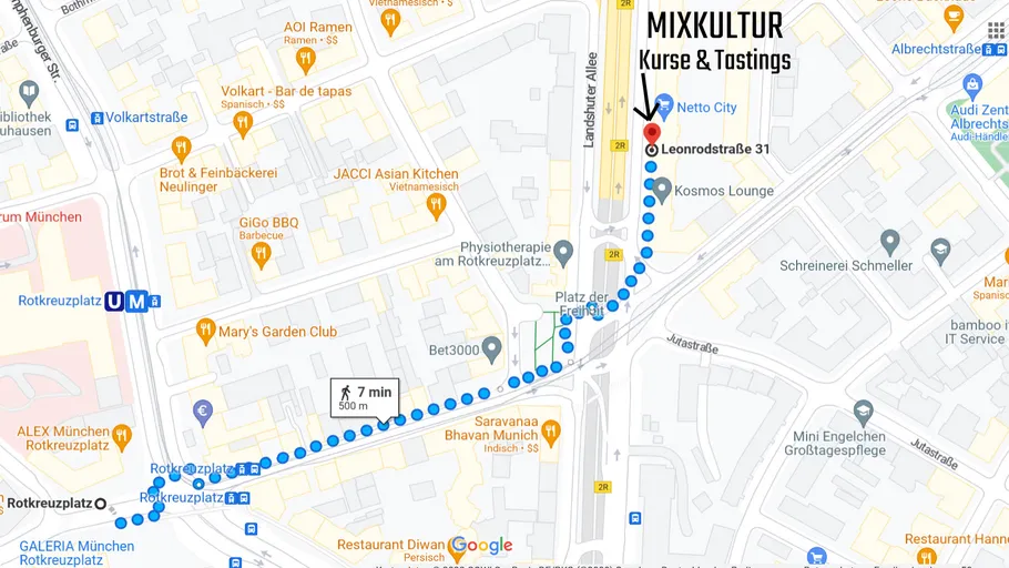 Map with walking route from Rotkreuzplatz to Leonrodstraße.