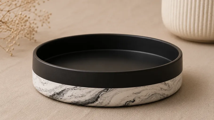 Black and white marble tray on beige surface.