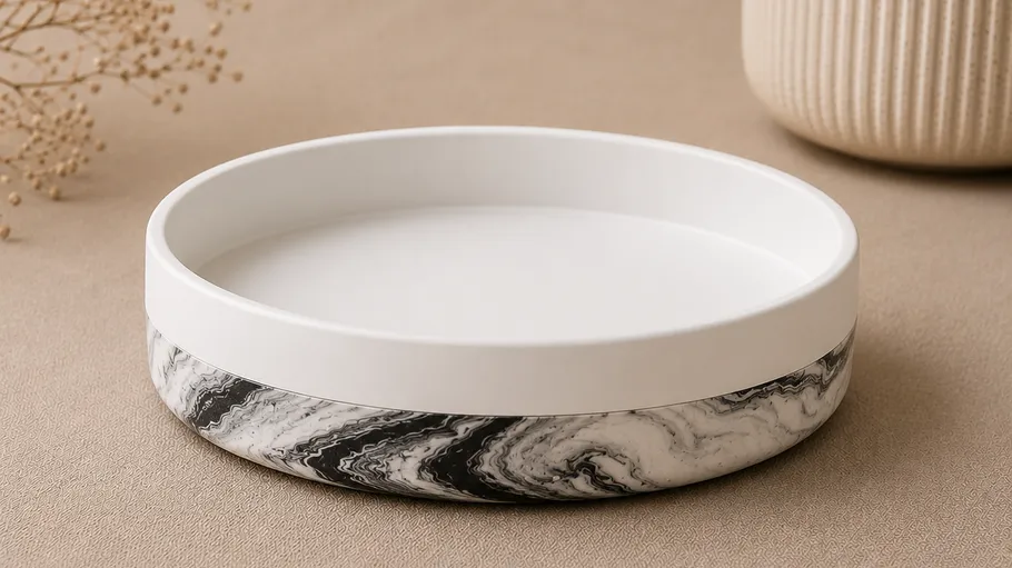 White ceramic dish with marbled base.