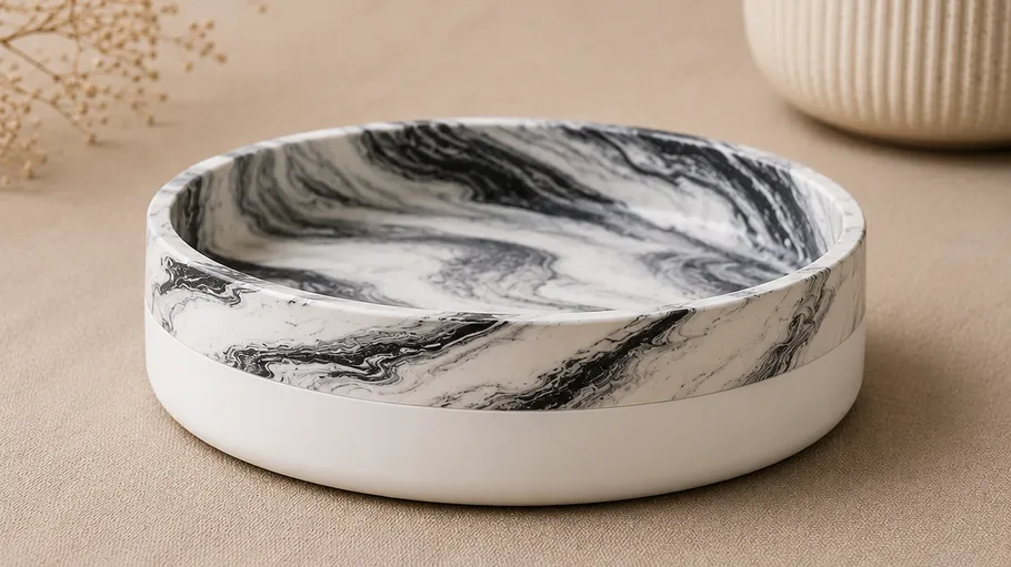 Round marble-patterned dish on a beige surface.