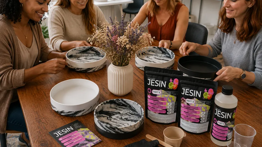 Women crafting with resin around table.