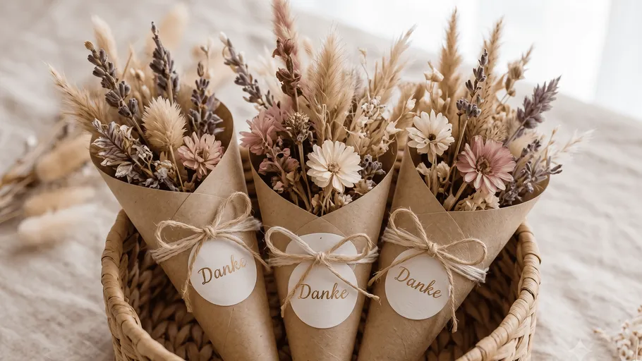 Three dried flower bouquets in a basket.