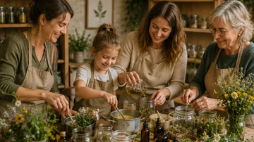 Family making herbal remedies in cozy kitchen.