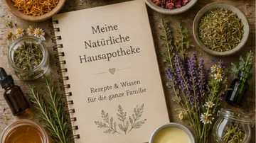 Book with herbs and bottles on wooden table.