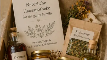 Natürliche Hausmittel mit Kräutern und Flaschen.