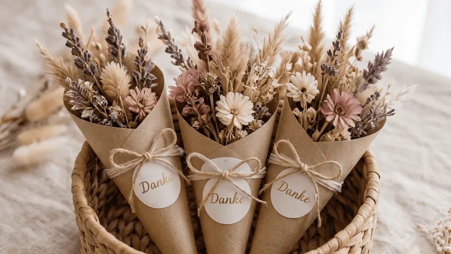 Bouquets of dried flowers in a basket.
