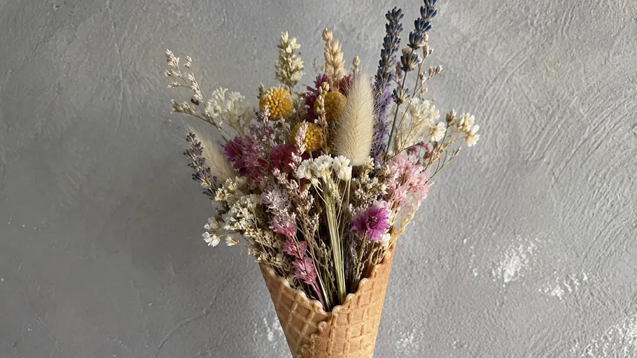 Dried flowers arranged in a waffle cone.