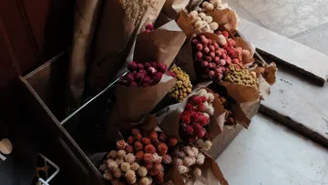 Dried flowers in paper bags on floor.