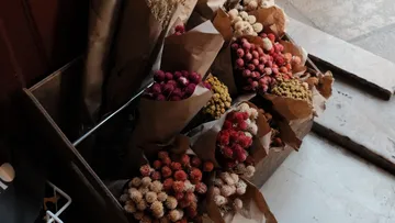 Bündel bunter Trockenblumen in einer Kiste.