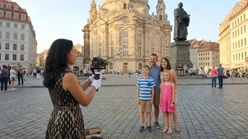 Frau fotografiert Familie vor historischem Gebäude.