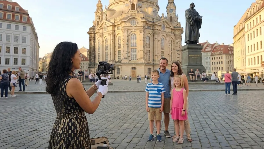 Frau fotografiert Familie vor historischem Gebäude.