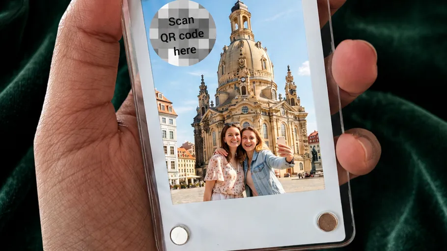 Hand hält digitalen Bilderrahmen mit Selfie.