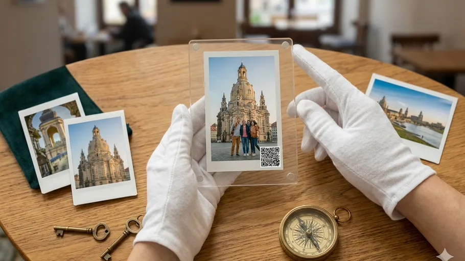 Behandschuhte Hände halten Fotos historischer Architektur.