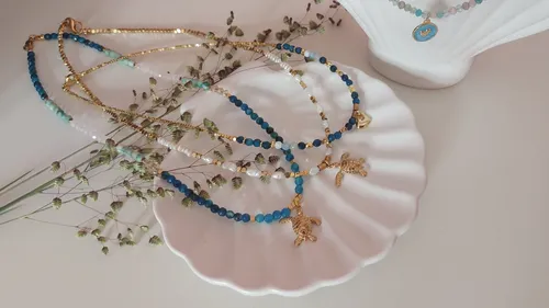Beaded necklaces with charms on white shell dish.