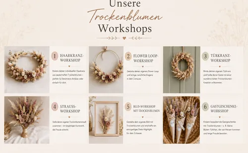 Trockenblumen-Workshops mit illustrierten Beispielen.