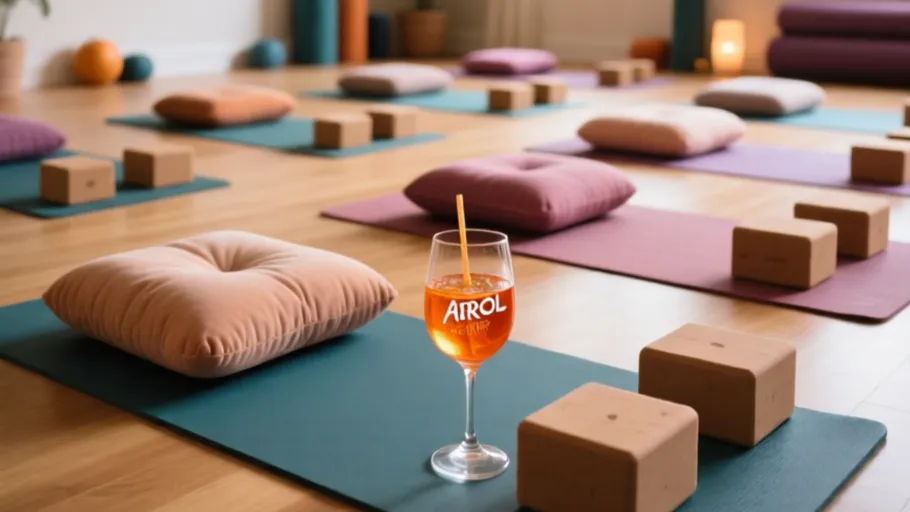 Yoga studio with mats and cocktail glass.