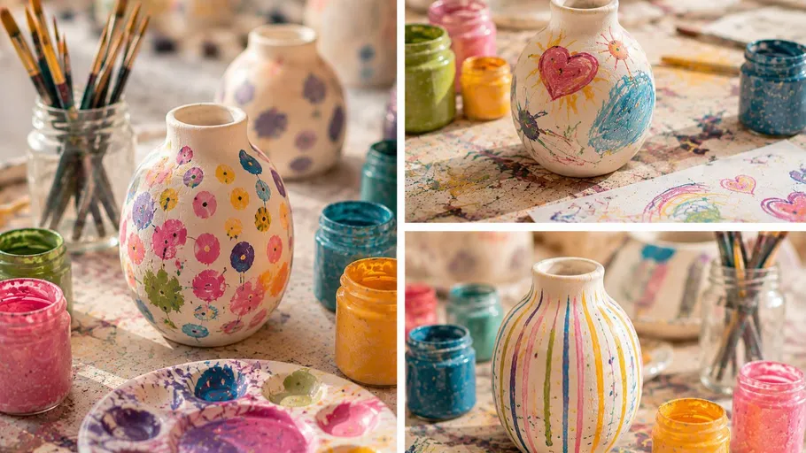 Bemalte Vasen mit bunten Designs, umgeben von Farben.