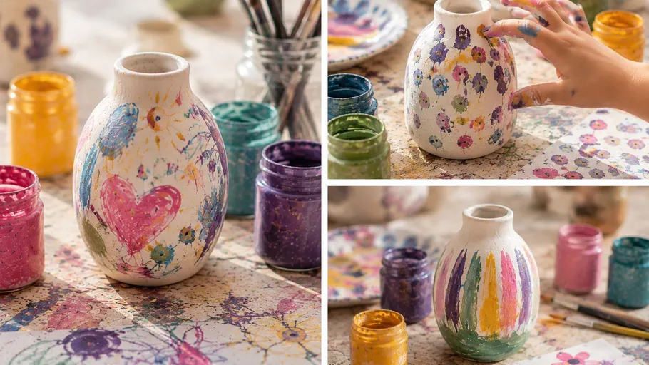 Handbemalte Vasen mit bunten Designs.