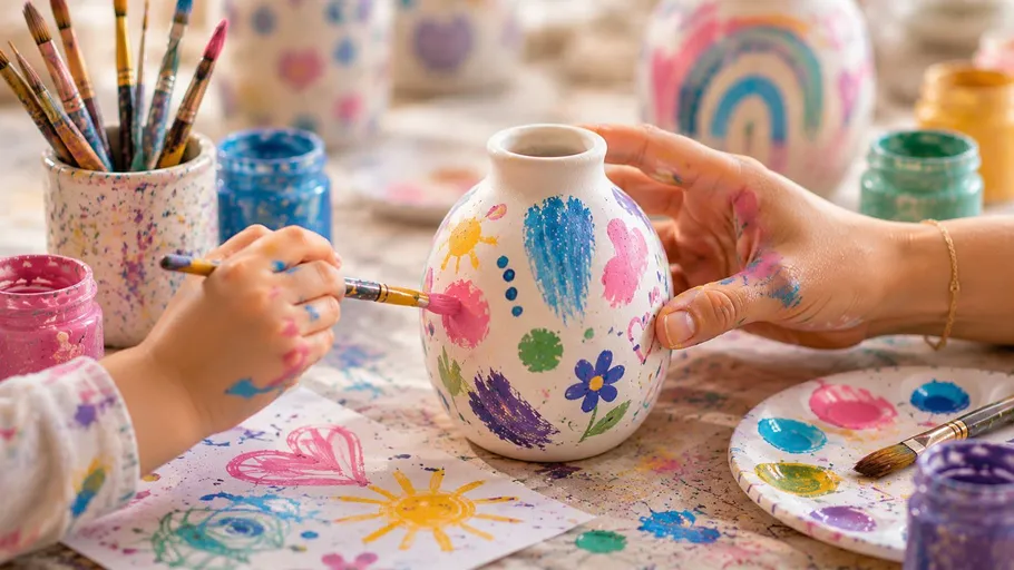Child painting colorful vase with hands.