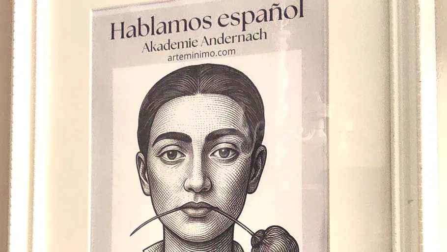 Plakat mit illustriertem Gesicht, Text an Wand.