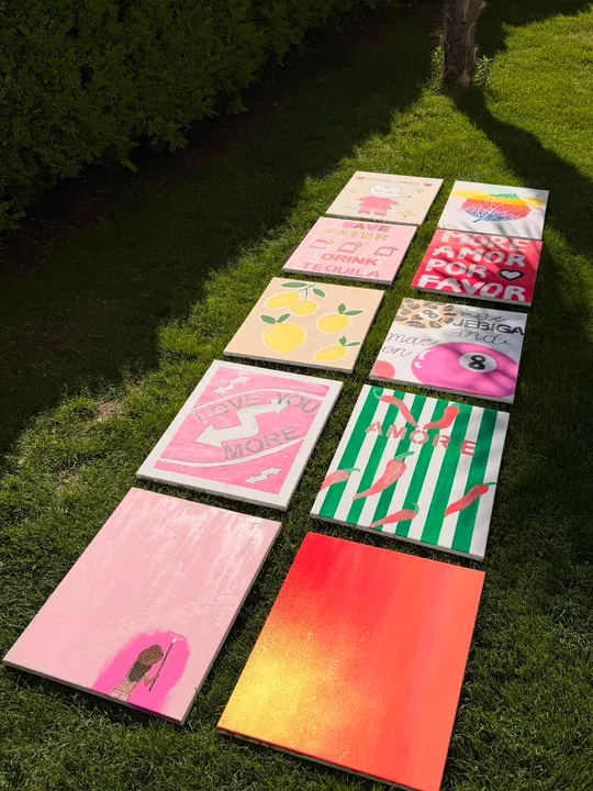 Neun bunte Gemälde auf Gras ausgelegt.