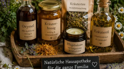 Kräuterprodukte auf einem Holztablett.