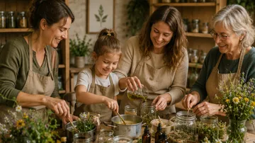 Frauen und Mädchen stellen gemeinsam Naturprodukte her.