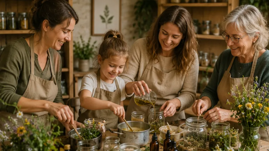 Women and girl crafting natural products together.