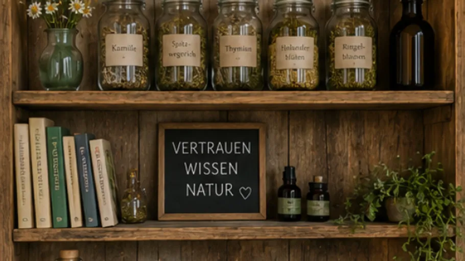 Wooden shelf with jars, books, and a chalkboard.