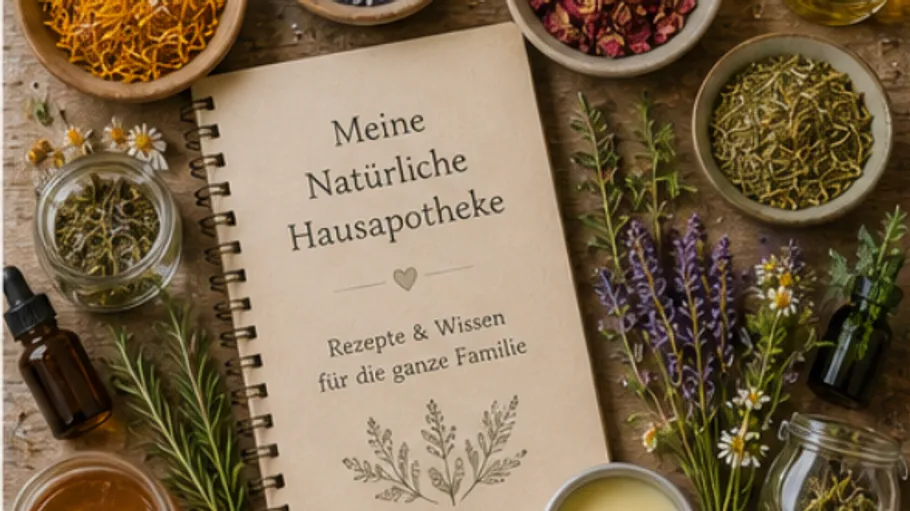 Book surrounded by herbs and bottles.
