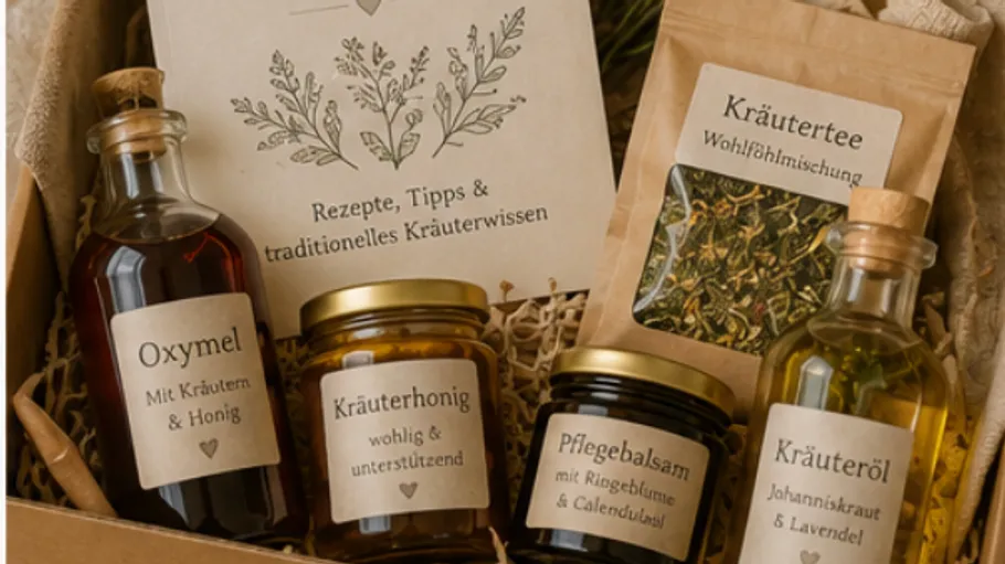 Herbal products in a rustic gift box.