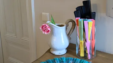Weiße Kanne mit pinker Blume neben bunten Ordnern.
