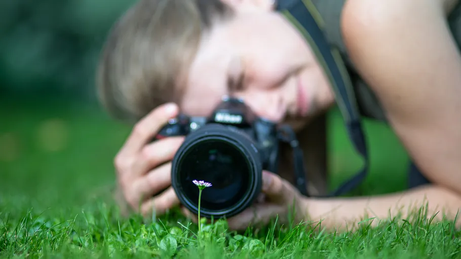 Photographer focused on small flower in grass.