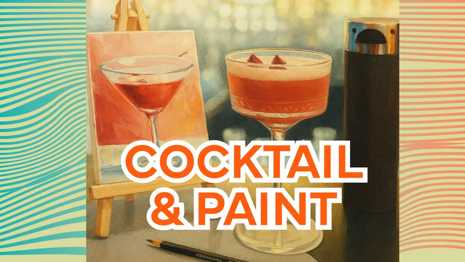 Cocktail glass beside painting on easel.