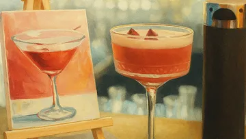Cocktail glass and painted portrait on table.
