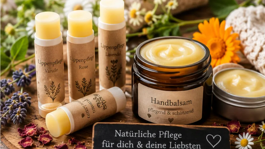 Handbalsam und Lippenpflege in Blumenumgebung.