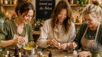 Drei Frauen stellen natürliche Hautpflegeprodukte her.