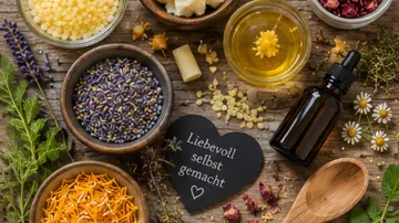 Herbs and oils arranged on wooden table.