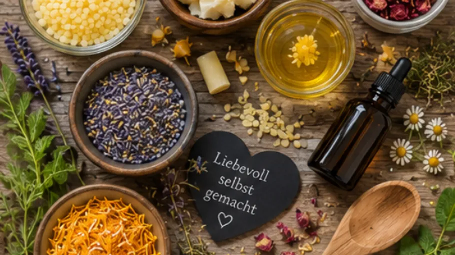 Herbs and oils arranged on wooden table.