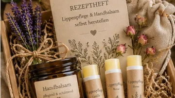 Handbalsam und Lippenpflege-Set mit Blumen.