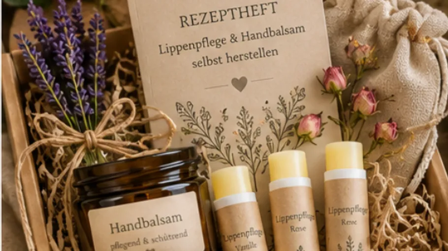 Handbalm and lip care kit with flowers.