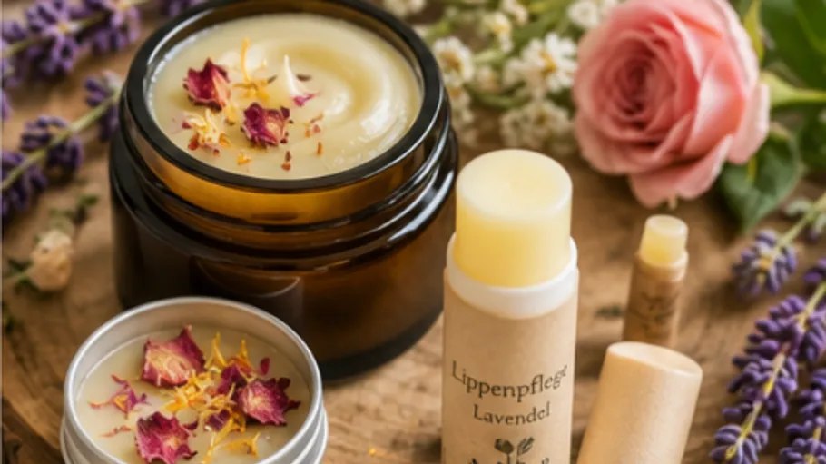 Natural skincare products on rustic surface.